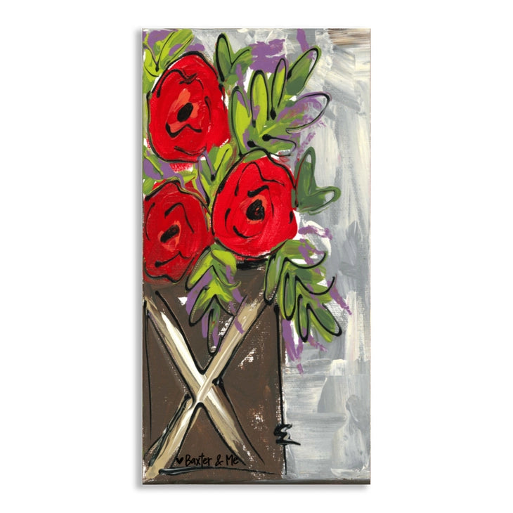 Poppies In A Wooden Jar - Wrapped Canvas