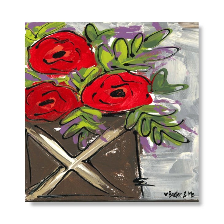 Poppies In A Wooden Jar - Wrapped Canvas