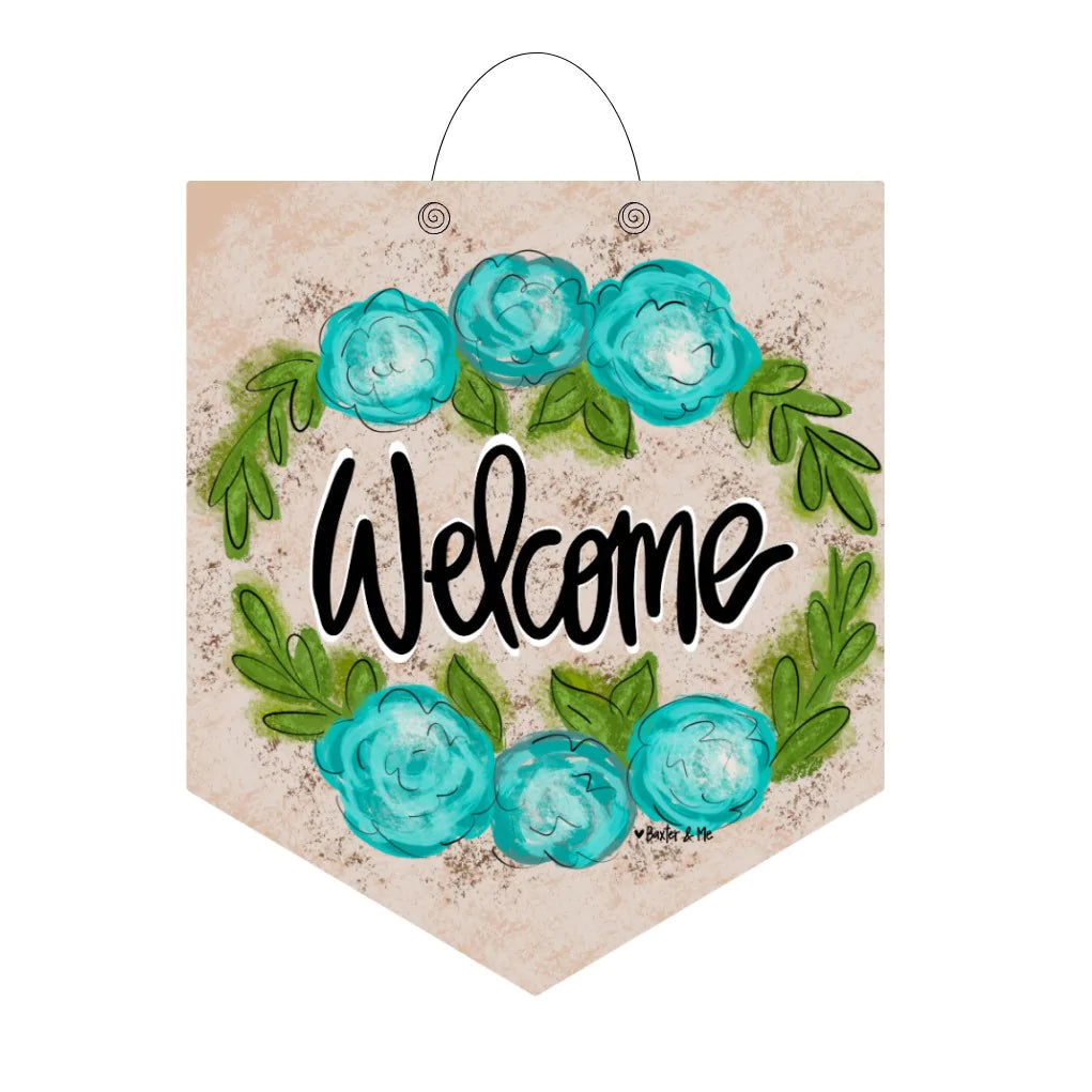 Welcome Blue Floral Door Hanger