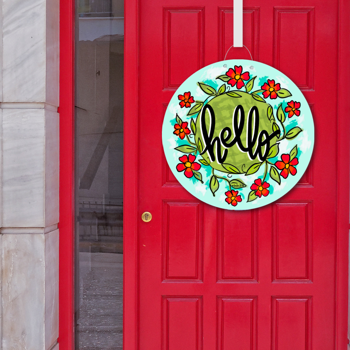 Hello Red Floral Wreath Door Hanger