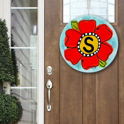 Personalized Red Flower Initial Door Hanger
