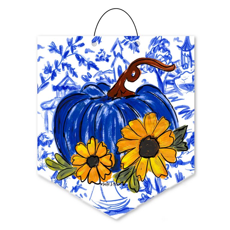 Blue Willow Sunflower Pumpkin Door Hanger