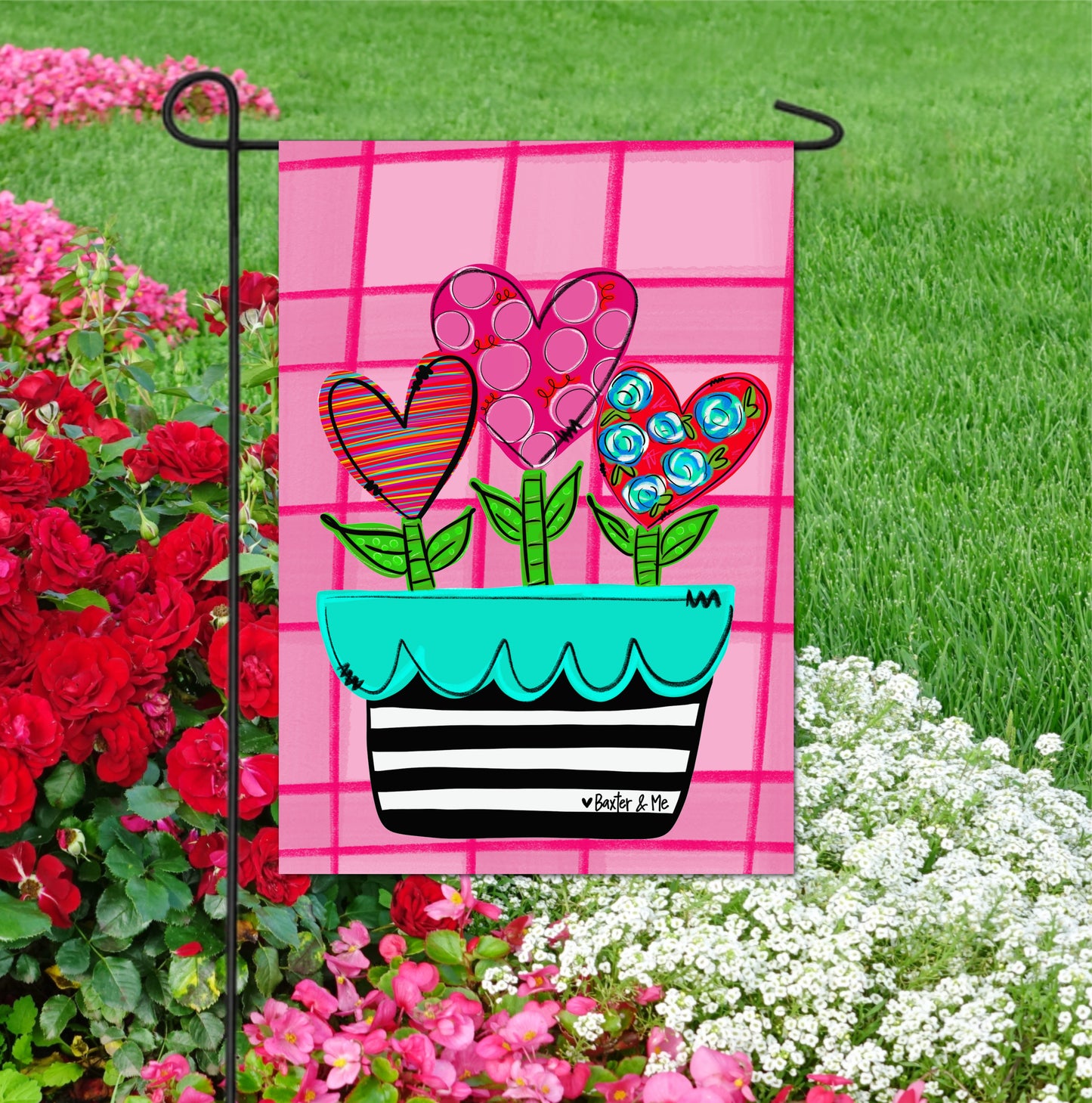 Pink Heart Flower Pot Garden Flag