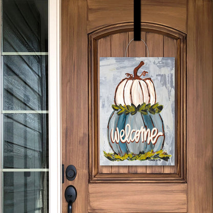 Welcome Double Stacked Neutral Pumpkin Door Hanger