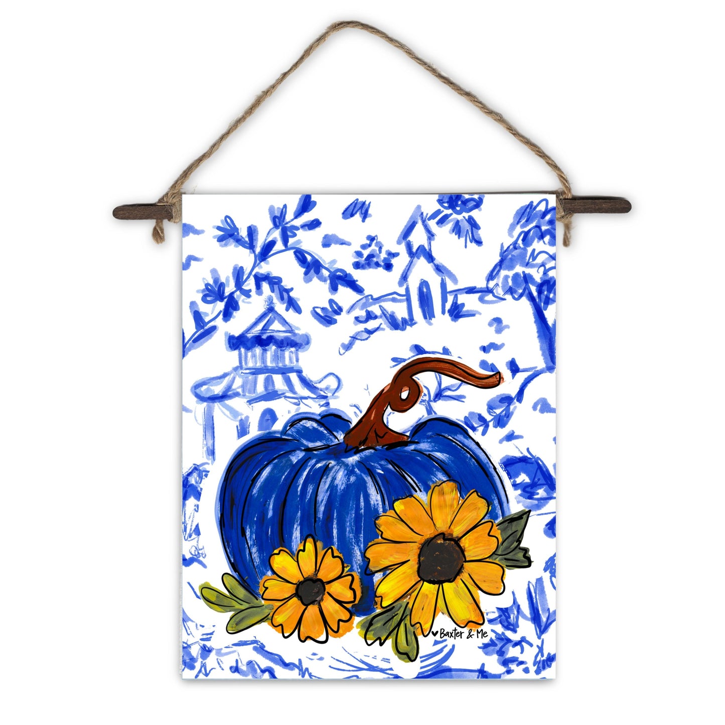 Blue Willow Sunflower Pumpkin Mini Wall Hanging