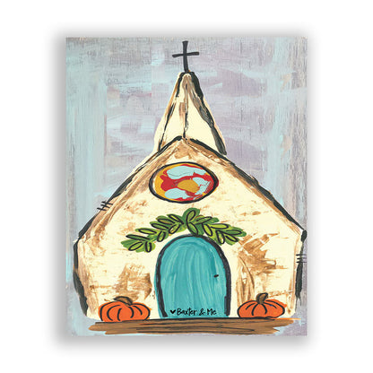 Church W/ Pumpkins - Wrapped Canvas