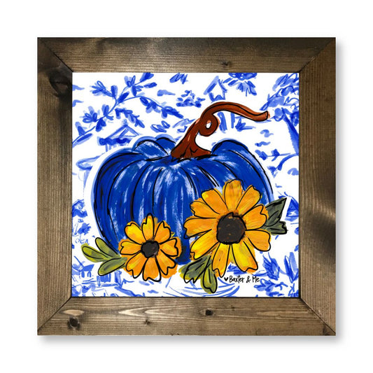 Blue Willow Sunflower Pumpkin Framed Art